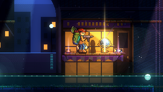 The flooded arcade: a star globe glowing gold on the ground outside a lit shop