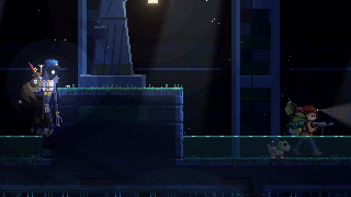 The drowned square: the Stalker bursts out of the wall as the Gleaner wades away with a full pack